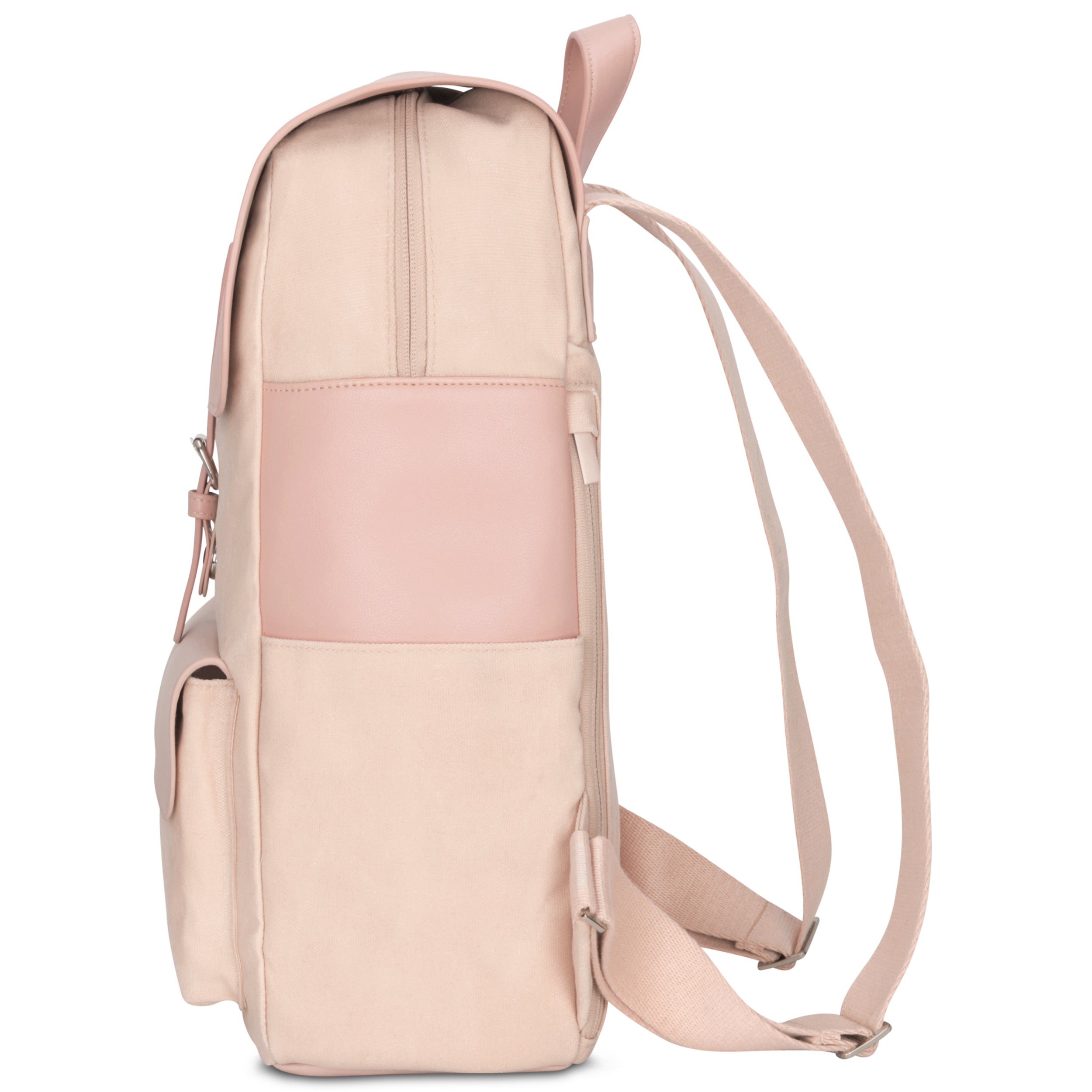 Rucksack Ella aus rosa Canvas mit Ledertaschenfront und verstellbaren Schultergurten