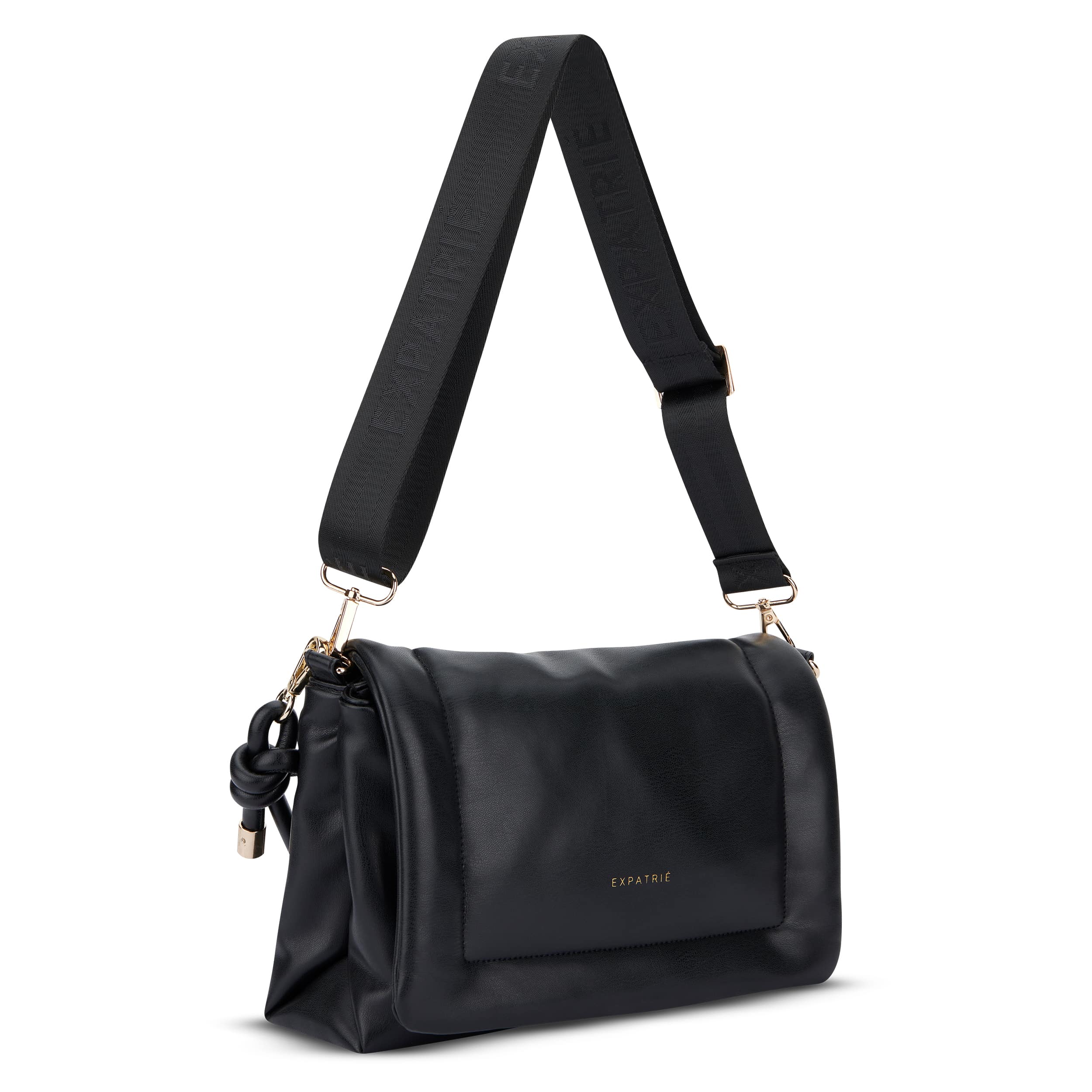 Umhängetasche Zoe Medium in schwarz gepolstert mit breitem, verstellbarem Tragegurt und goldfarbenen Details