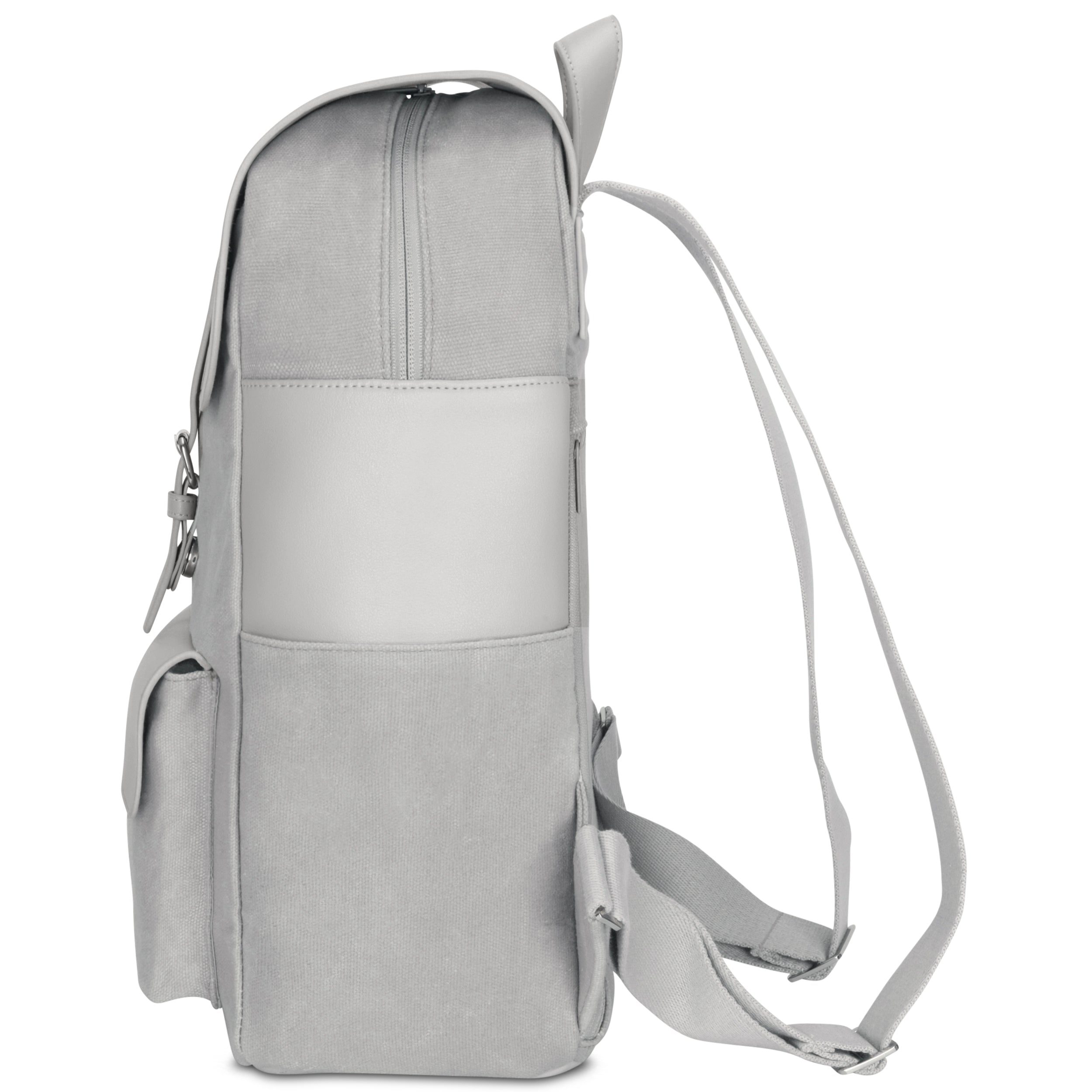 Grauer Rucksack Ella aus Canvas und Leder, seitliche Ansicht mit Taschen und verstellbaren Schultergurten